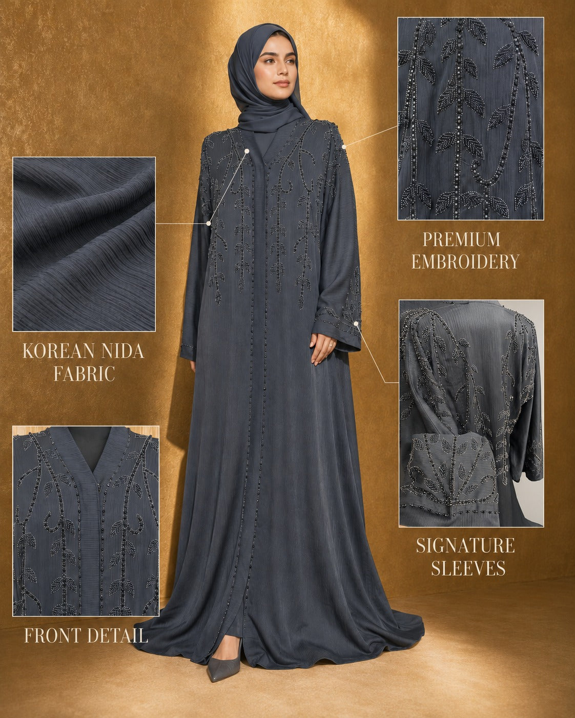 Ayesh Dubai Style Handwork Abaya – Charcoal Grey