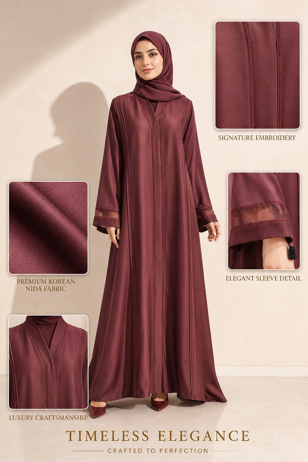 Layan Korean Nida Abaya – Maroon | Tissue Patch Sleeves